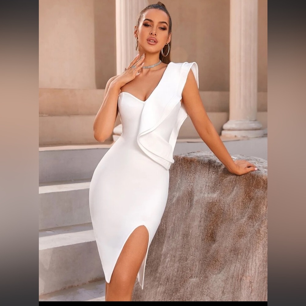 Women's White One-shoulder Bodycon Midi Dress with Slit